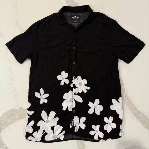 Hollister Floral Short Sleeve Button Up Shirt Men's Medium Black/White Summer - Picture 1 of 7